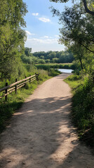 Obraz premium Peaceful riverside trail, summer sunlight, lush green trees, tranquil nature scene, ideal for hiking or walking.
