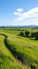 Obraz premium Serene grassy hillside landscape with distant mountains under a clear blue sky; ideal for travel brochures or nature documentaries.