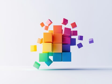 Fototapeta A vibrant arrangement of colorful cubes floating in mid-air, symbolizing creativity and innovation in design.