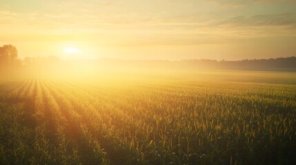 Obraz premium Golden Sunrise Over A Misty Cornfield