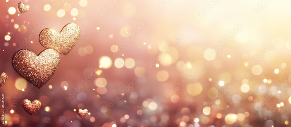 Poster golden hearts sparkle on a bokeh background.