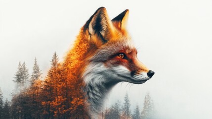 Fototapeta premium Double Exposure with Fox and Forest on White Background, Generative AI