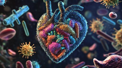 This heart is slightly disturbed by the presence of a large number of viruses and bacteria surrounding it, these viruses are depicted in a technological form in medical research
