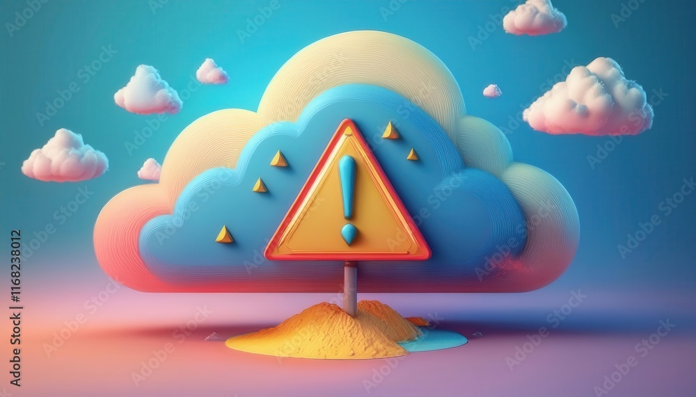 Poster a colorful 3d warning sign surrounded by clouds, set atop a sandy base, creating a whimsical yet cau