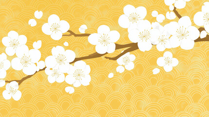 和柄-梅と波-黄色
