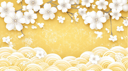 和柄-梅と波-黄色