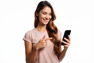 Fototapeta premium Young Woman Smiling While Holding Smartphone, Perfect for Social Media Marketing, Advertising, and Digital Campaigns