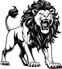 Wild roaring lion king head tattoo set. Front and side view predator face, lions heads black and white ink sketch silhouettes