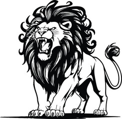 Wild roaring lion king head tattoo set. Front and side view predator face, lions heads black and white ink sketch silhouettes