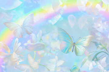 Background with flying butterflies on a beautiful Rainbow background