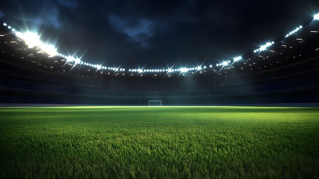 Universal grass stadium illuminated by spotlights and empty green grass playground, grand sport building digital 3D background advertisement background illustration