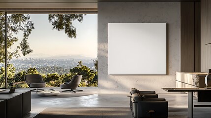 Modern Living Room with Panoramic City View Blank Canvas for Artwork