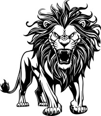 Wild roaring lion king head tattoo set. Front and side view predator face, lions heads black and white ink sketch silhouettes