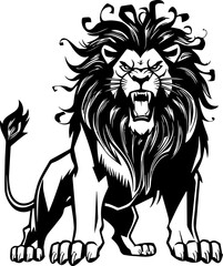 Obraz premium Wild roaring lion king head tattoo set. Front and side view predator face, lions heads black and white ink sketch silhouettes