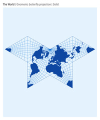 World Map. Gnomonic butterfly projection. Solid style. High detail world map for infographics, education, reports, and presentations. Vector illustration.