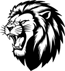 Wild roaring lion king head tattoo set. Front and side view predator face, lions heads black and white ink sketch silhouettes