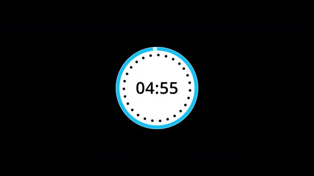 5 minutes countdown timer animation, 5 minutes timer on black background, five minutes timer countdown with alpha channel.