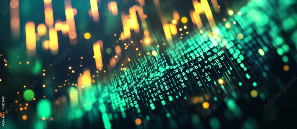 Poster Abstract digital data flow with glowing particles and code.
