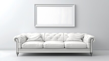 Elegant White Leather Sofa with Large Blank Frame in Minimalist Room Interior Design