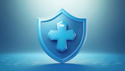 Obraz premium A stylized blue shield with a cross design, symbolizing protection and security, set against a soft blue background.
