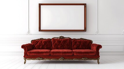 Elegant Red Velvet Sofa with Antique Gold Frame in Classic White Room Interior