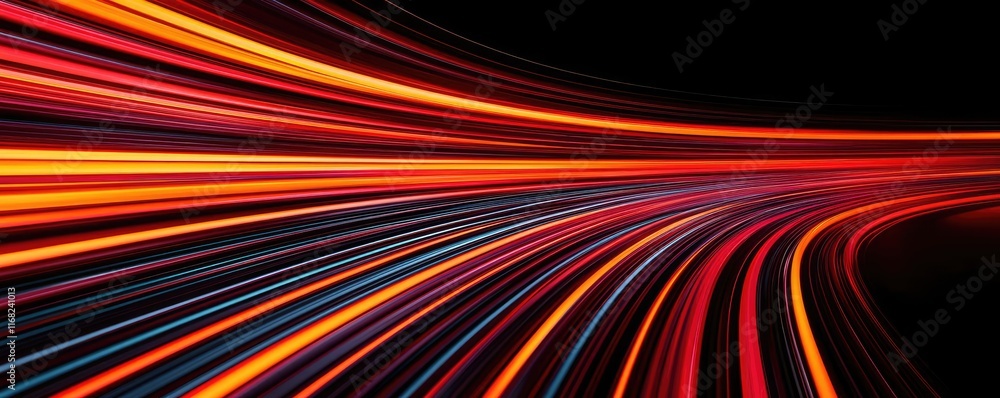 Poster Burst abstract background concept. Dynamic light trails showcasing speed and motion in vibrant colors against black backdrop.