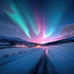 A road with a bright aurora in the sky