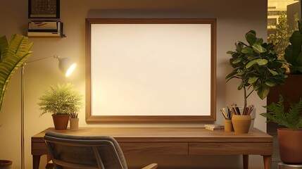 Modern Home Office Desk with Blank Frame Mockup Warm Lighting Plants