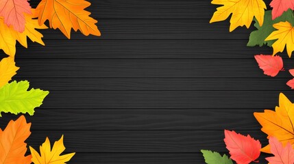 Colorful Autumn Leaves Frame on Dark Wooden Background for Seasonal Designs