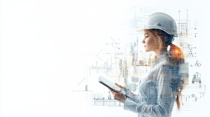 Female engineer in white hard hat holding pencil construction site professional portrait urban environment side view empowerment in engineering
