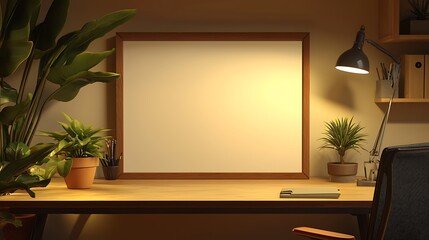 Modern Home Office Desk Setup with Blank Frame Plants and Desk Lamp at Night
