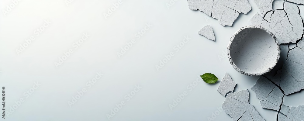 Poster Grungy abstract background idea. A broken cup surrounded by shards, symbolizing environmental fragility and hope.
