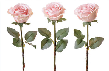 Obraz premium Three pastel pink roses delicately arranged on a white background showcase soft, romantic petals, ideal for floral-themed designs or special occasion cards.