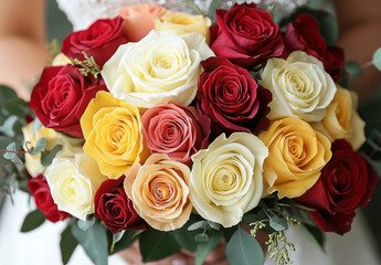 Obraz premium A radiant bouquet of multicolored roses, featuring hues of red and yellow, beautifully arranged to celebrate Valentine's Day. A top-down perspective captures the intricate beauty of each blossom.