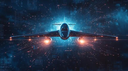 Futuristic jet in digital space virtual environment technology art