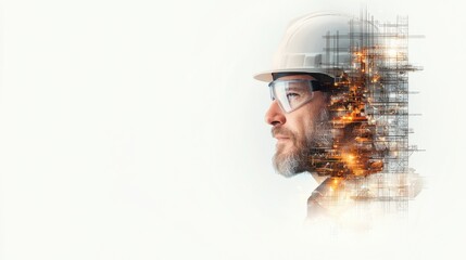 Confident foreman wearing safety goggles overseeing construction project urban construction site portrait industrial environment side view professionalism