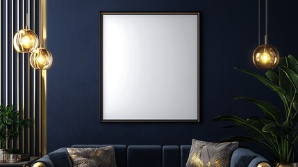 Elegant Modern Living Room Interior Mockup Gold Accents Dark Blue Walls Blank Frame