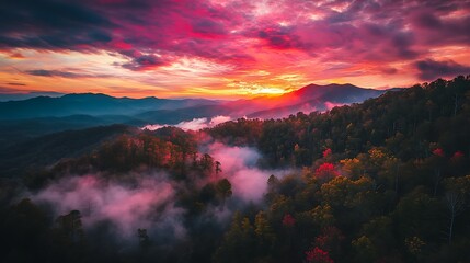 Obraz premium Aerial sunset view of Blue Ridge Mountains with clouds floating at eye level 