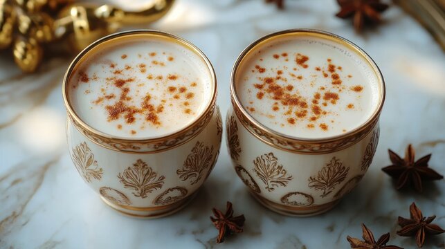 Spiced Masala Chai in Ornate Cups on Marble Surface Natural Lighting Still Life Photography