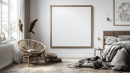 Modern Bedroom Interior Design with Large Blank Canvas Rattan Chair Cozy Textures