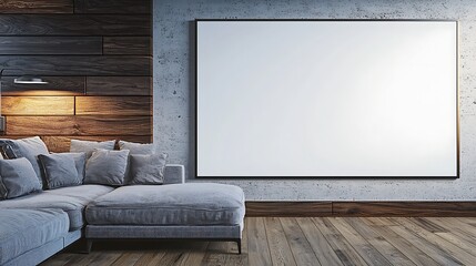 Modern Living Room Interior with Large Blank Canvas Mockup Gray Sectional Sofa Wooden Wall