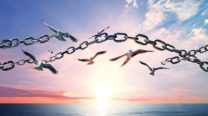 On The Wings Of Freedom - Birds Flying And Broken Chains - Charge Concept
