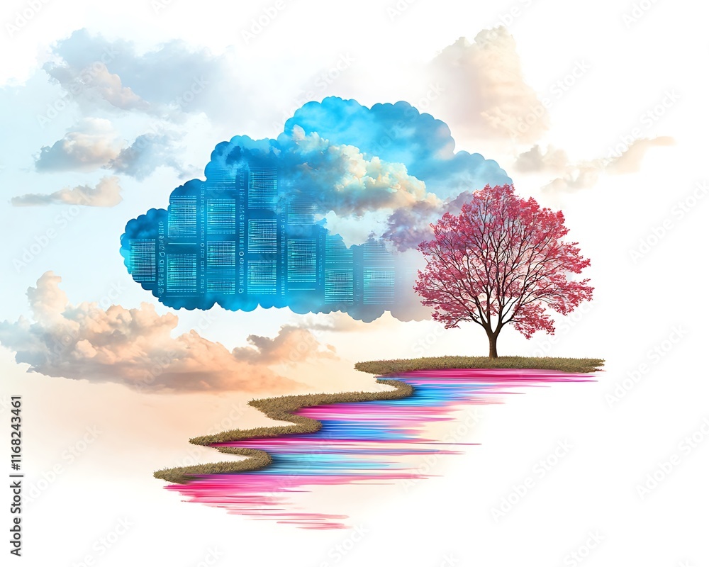 Poster surreal concept of technology and nature integration with a digital cloud over a vibrant landscape f