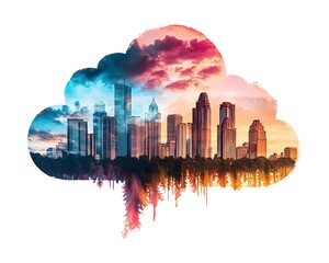 Fototapeta premium Vibrant City Skyline Silhouette within a Colorful Cloud Formation at Sunset, Blending Nature and Urban Landscape in a Unique Artistic Vision