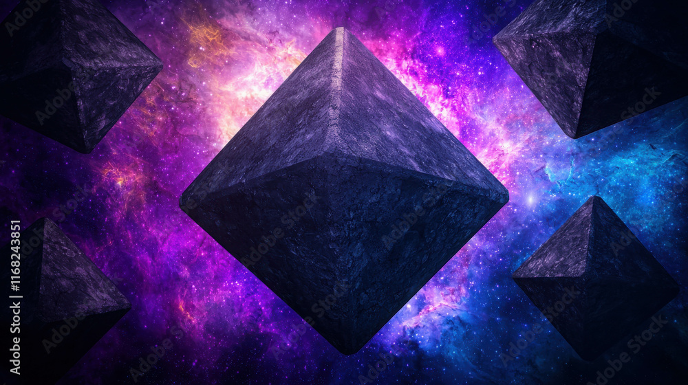 Poster massive geometric forms floating in a cosmic scene with vibrant colors and depth