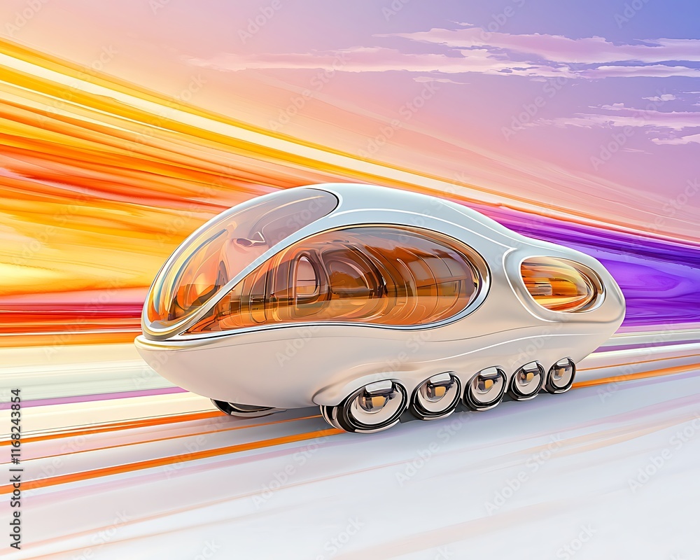 Poster futuristic autonomous vehicle on vibrant road with colorful streaks representing speed and innovatio