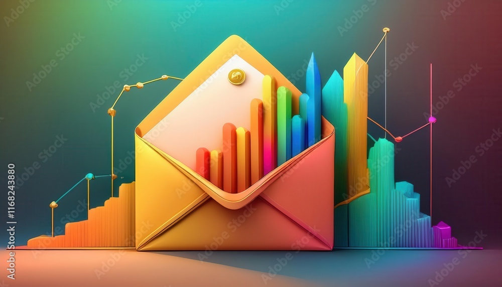 Poster a colorful envelope with rising bar graphs symbolizes data analytics and communication in a vibrant,