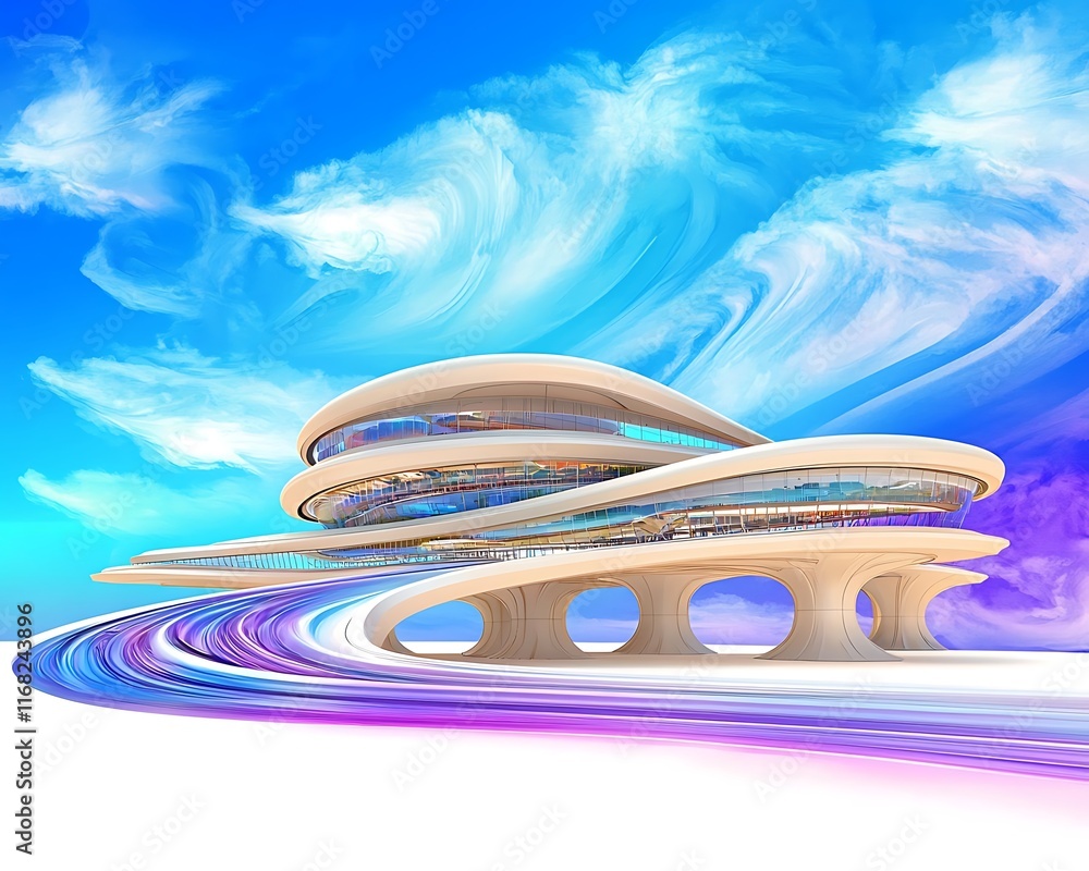 Poster futuristic architecture concept with flowing lines and colorful skies, showcasing innovative design 
