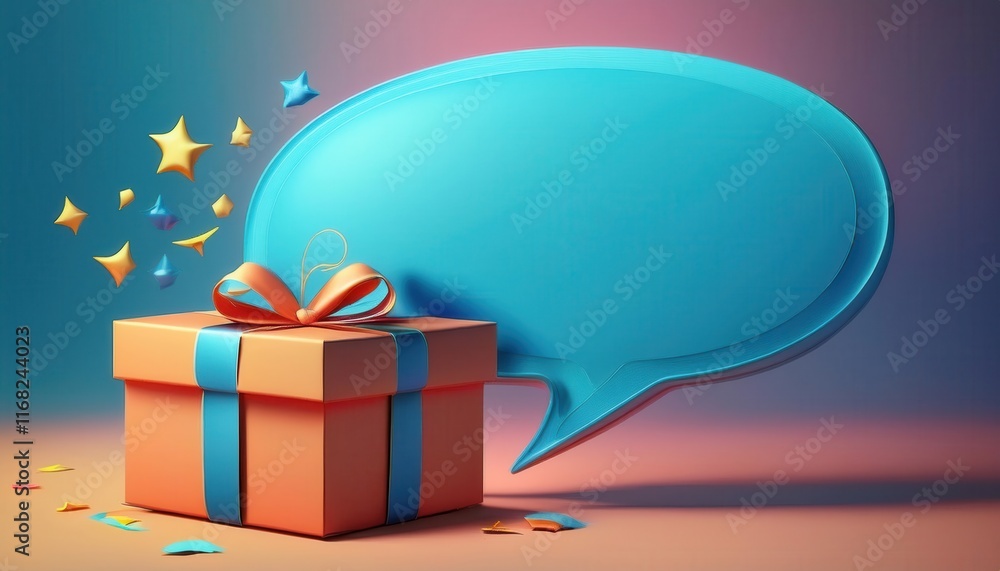 Poster a vibrant image of a gift box with a ribbon, accompanied by a large speech bubble and colorful confe
