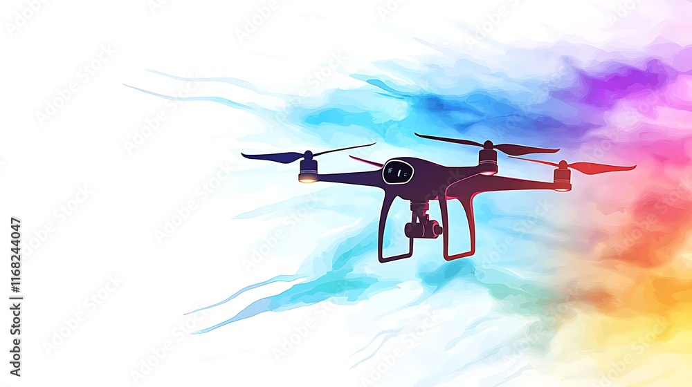 Poster vibrant artistic representation of a drone flying against a colorful abstract background with light 